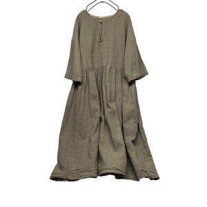 Japanese brand tumugu: Linen dress, wide dress, loose dress, brown